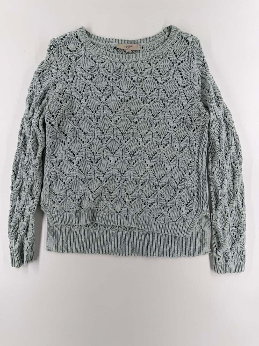 1591 Loft Pointelle Sweater Size XL Light Blue Knit Long Sleeve